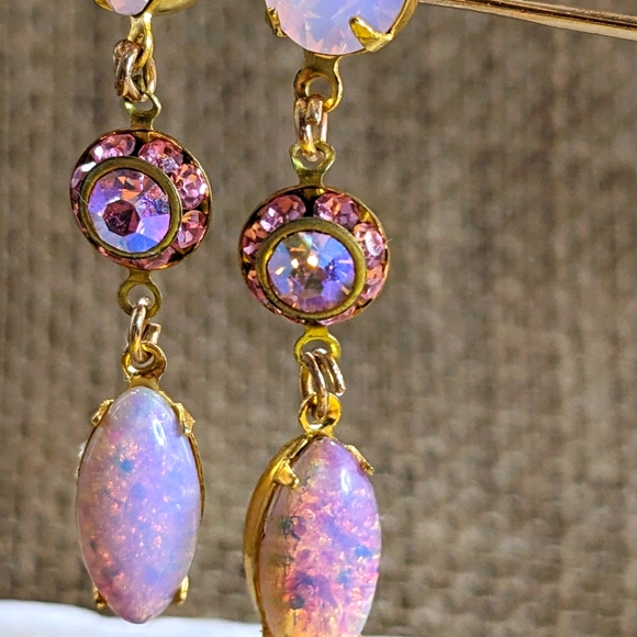 Swarovski Pink Opal, Flower & Pink Fire Opal in Drop Dangle Yellow Gold Earrings - Picture 3 of 4